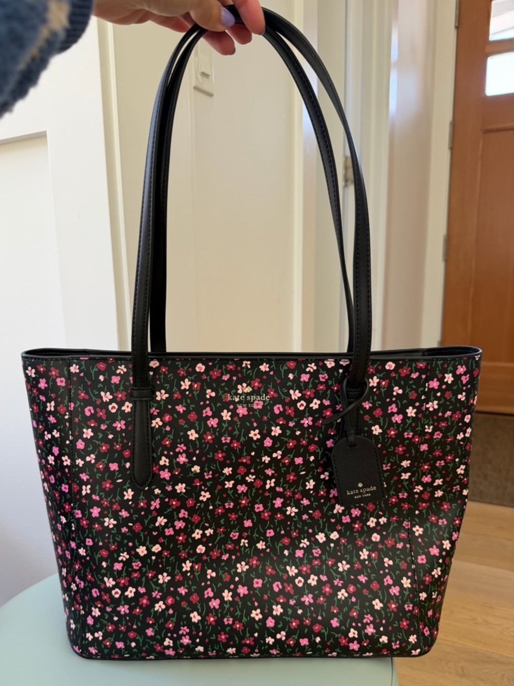 kate spade Black Floral Tote with Pink Accents